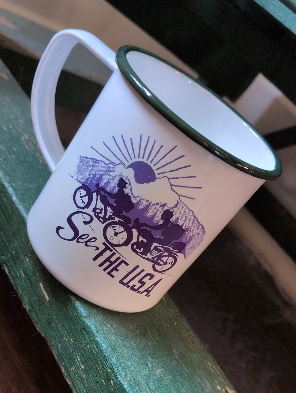 J. CREW I W & P Design See The U.S.A. White Enamel Camping Mug with Green Rim